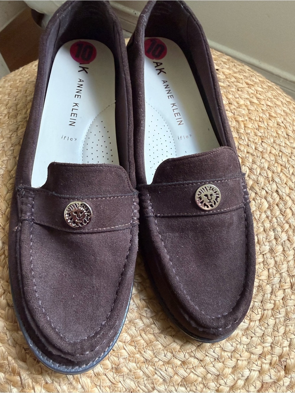 Anne Klein Brown Women's Suede Slip-On Loafers with Round Metal Emblem- size 10
